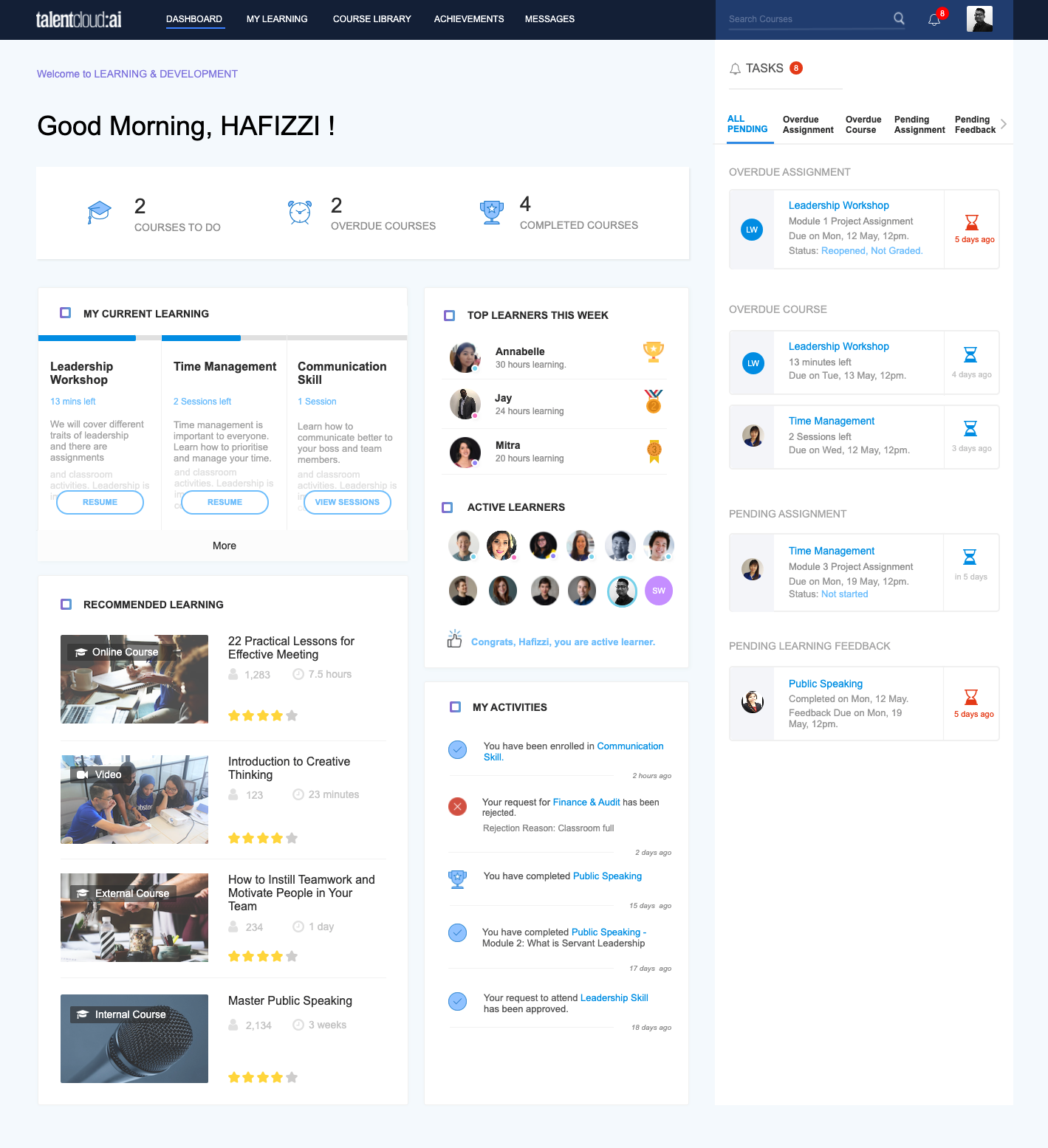 TalentCloud learning and development dashboard